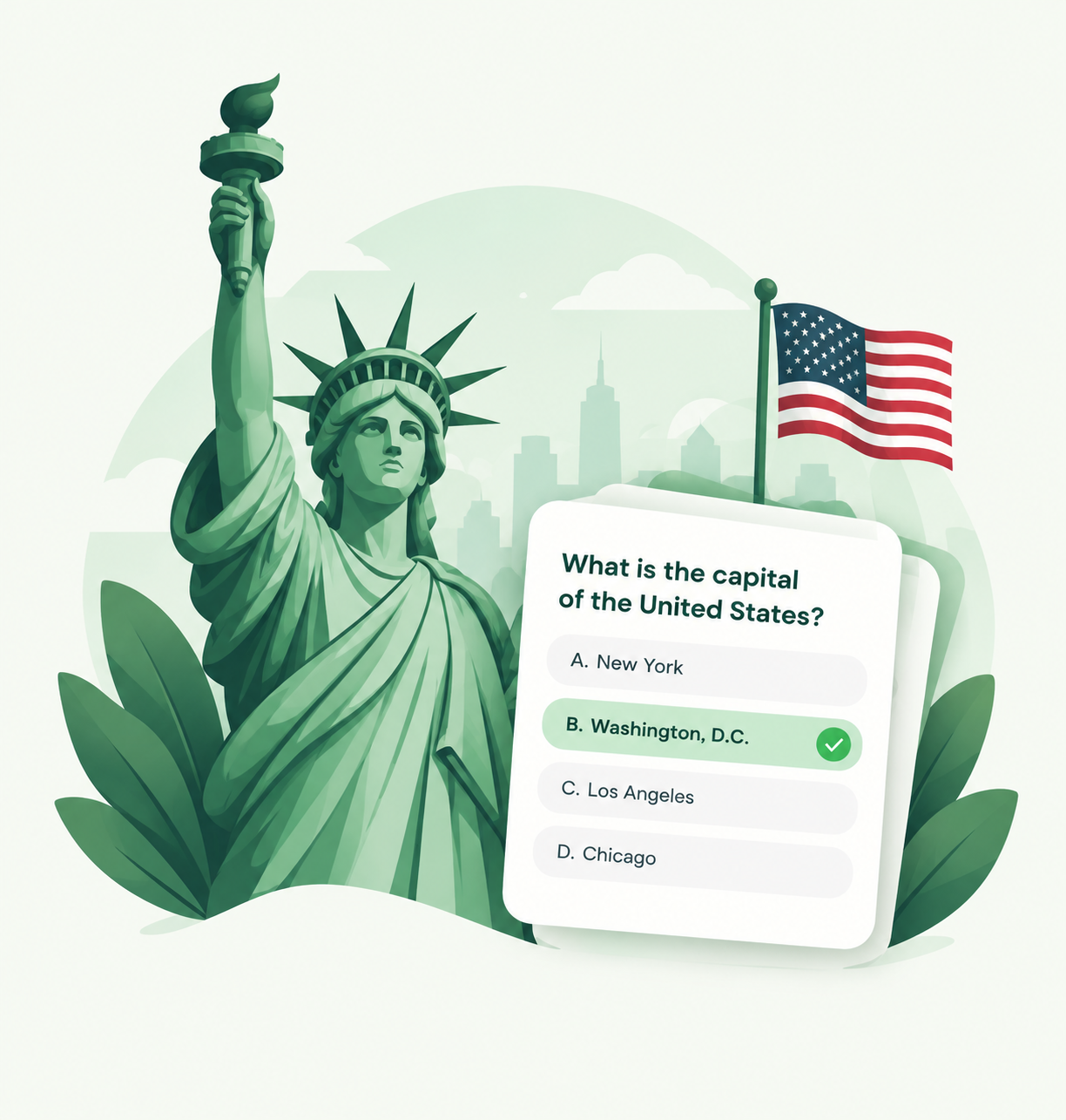 Illustration of the Statue of Liberty beside a sample civics quiz question