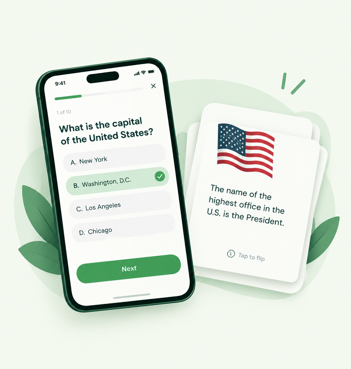 Rootizen study preview showing a civics quiz and a flashcard